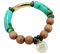 elastisches Armband mit Holzperlen, farbigen Tubes und Elefanten Anhänger, gold