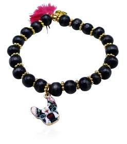 elastisches Armband mit Holzperlen und franz. Bulldoggen Anhänger