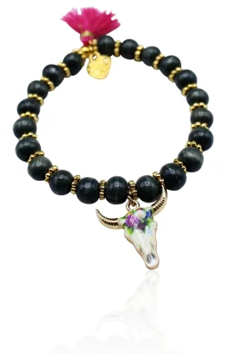 elastisches Armband mit Holzperlen und Büffelkopf Anhänger, Tracht