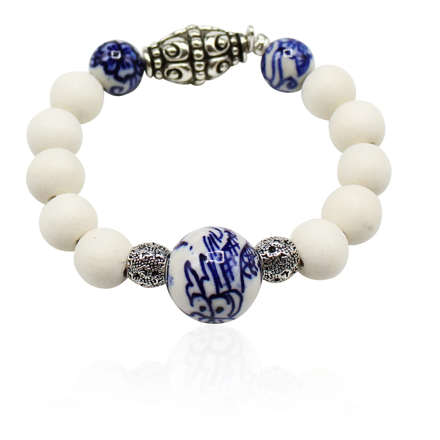 elastisches Armband mit Holzperlen und Porzellan Perlen