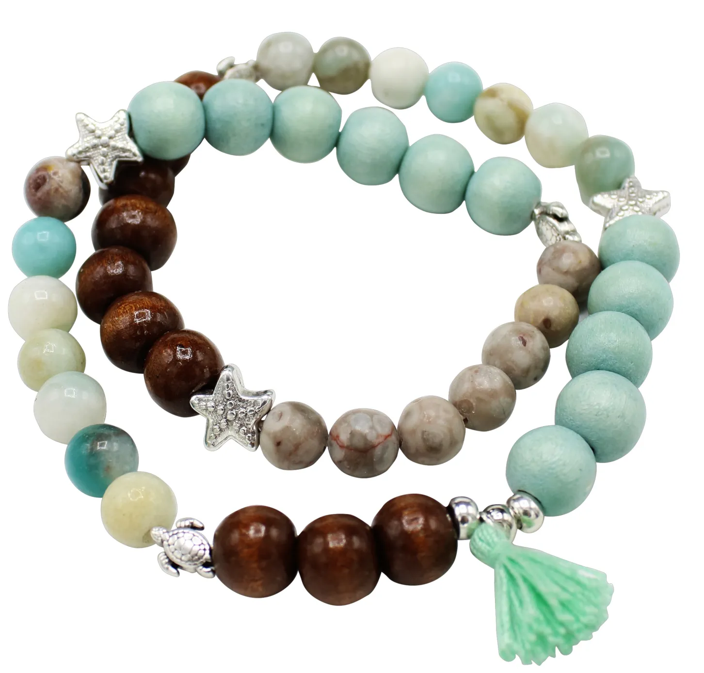 elastisches Armband mit Holzperlen, Zierteile Seesterne, Schildkröten
