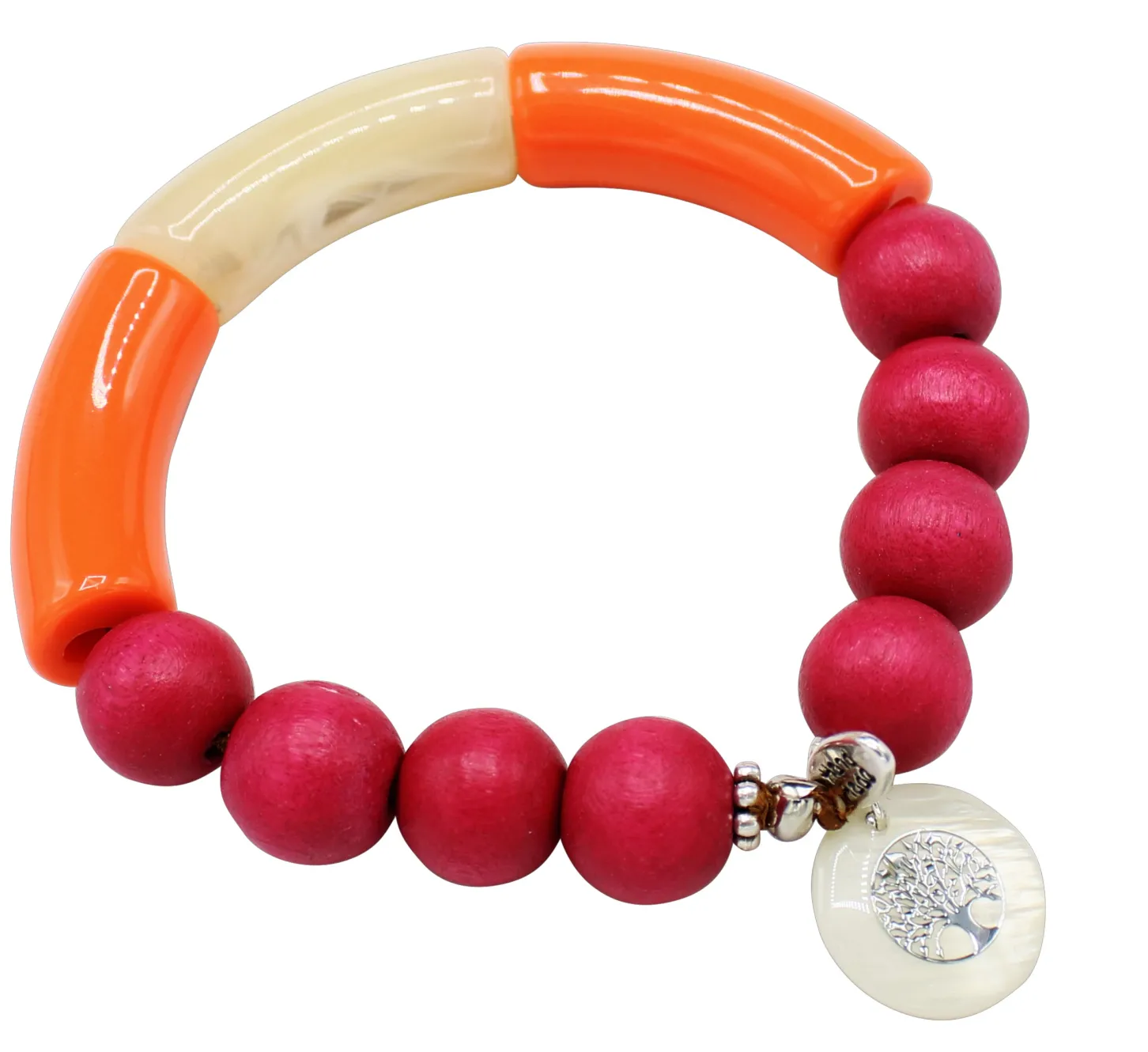 elastisches Armband mit Holzperlen, farbigen Tubes, Anhänger Lebensbaum