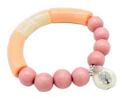 elastisches Armband mit Holzperlen, farbigen Tubes, Anhänger Lebensbaum