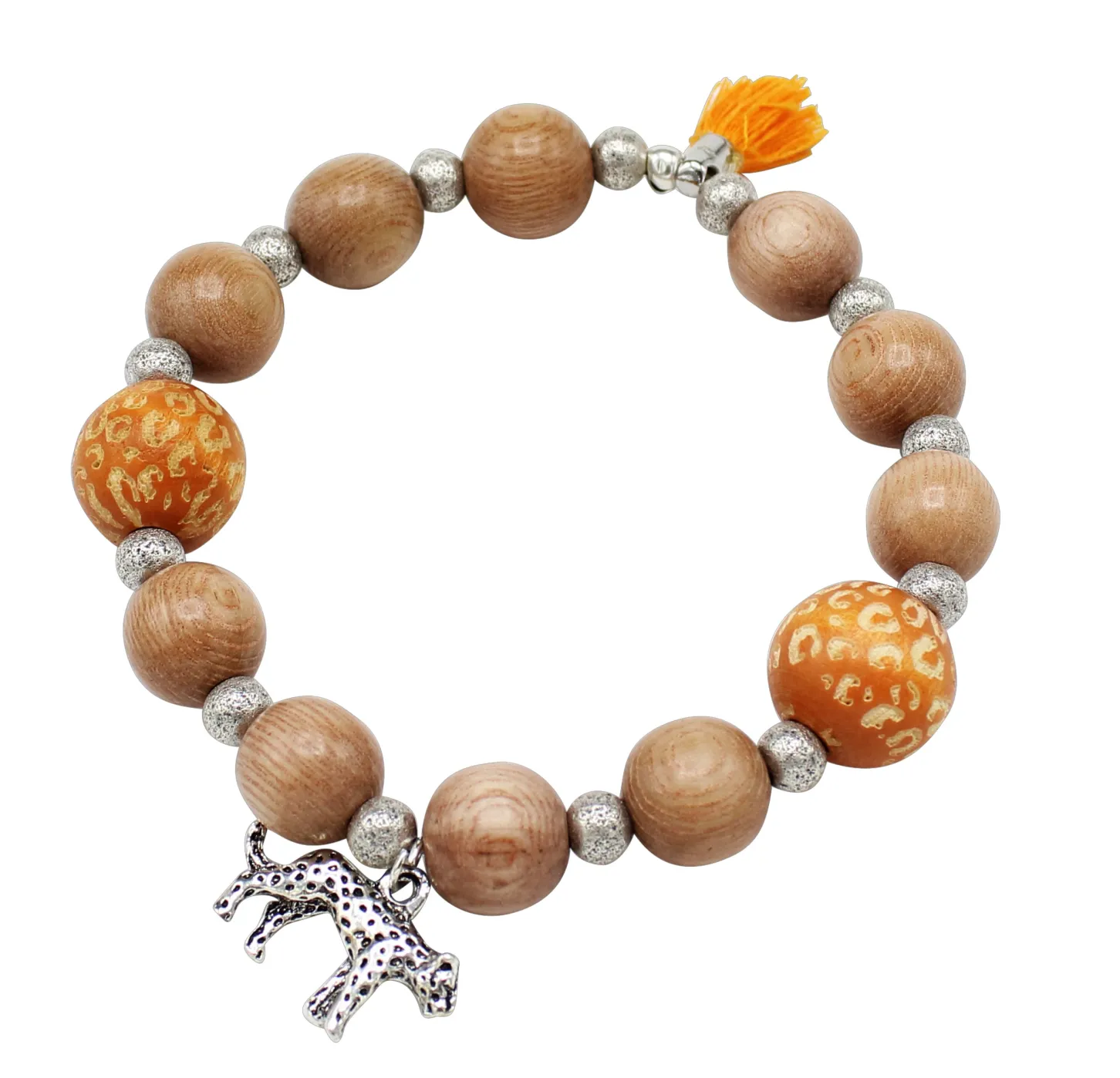 elastisches Armband mit Leo Print Holzperlen, Baumwollquaste, Leopard Anhänger
