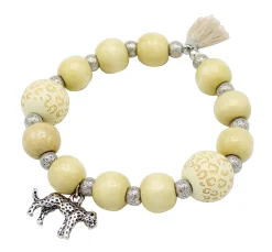 elastisches Armband mit Leo Print Holzperlen, Baumwollquaste, Leopard Anhänger