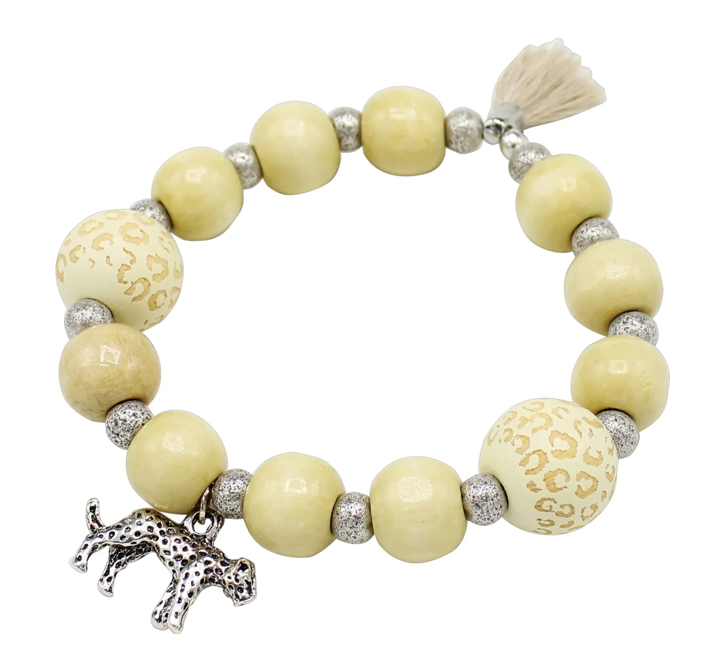 elastisches Armband mit Leo Print Holzperlen, Baumwollquaste, Leopard Anhänger