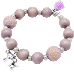elastisches Armband mit Leo Print Holzperlen, Baumwollquaste, Leopard Anhänger