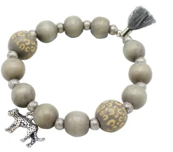 elastisches Armband mit Leo Print Holzperlen, Baumwollquaste, Leopard Anhänger