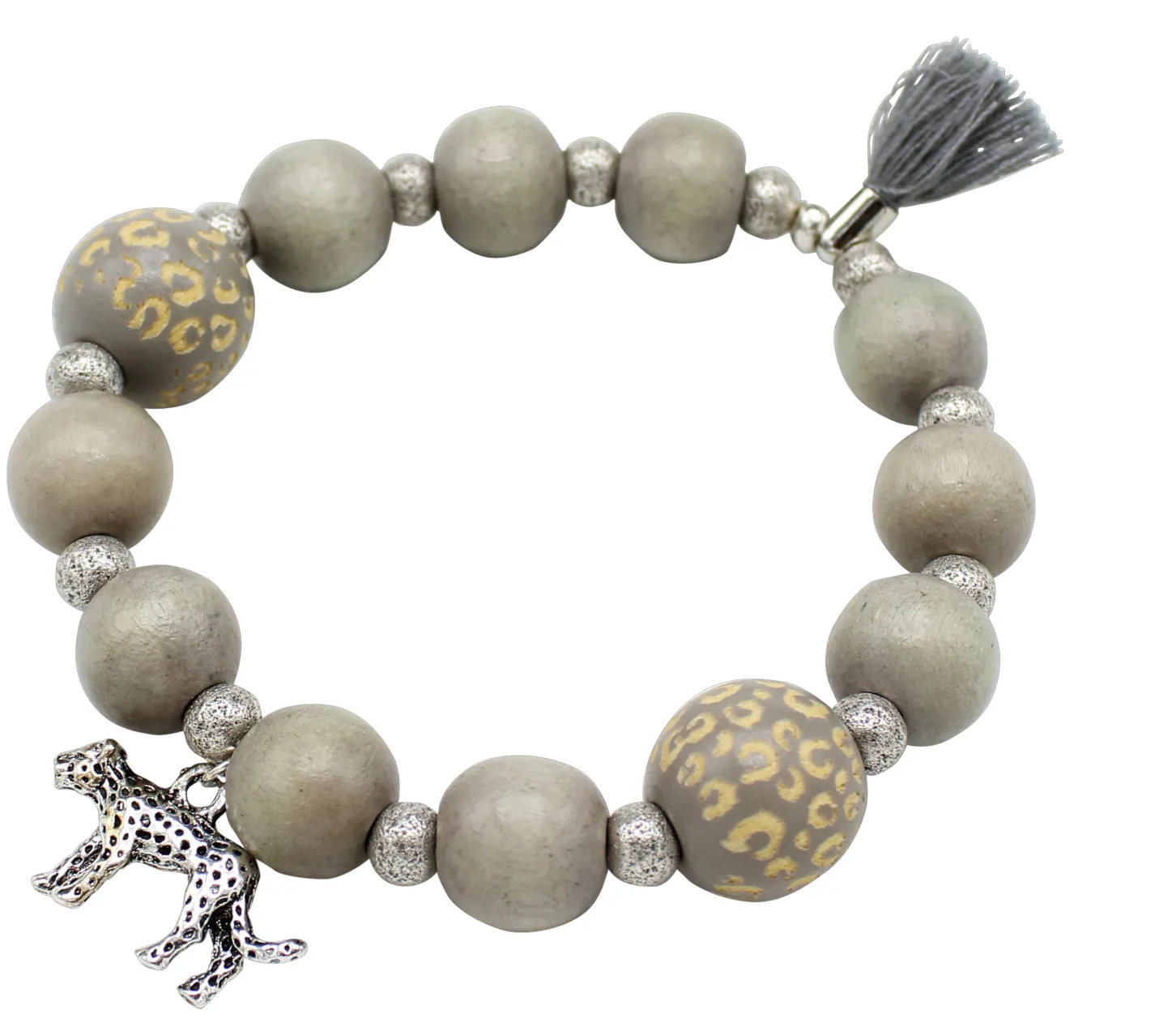 elastisches Armband mit Leo Print Holzperlen, Baumwollquaste, Leopard Anhänger