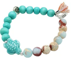 elastisches Armband mit Porzellan Schildkröte, Holz- und Natursteinperlen, Quaste