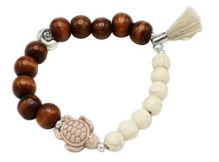 elastisches Armband mit Porzellan Schildkröte, Holz- und Natursteinperlen, Quaste