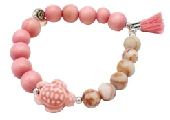 elastisches Armband mit Porzellan Schildkröte, Holz- und Natursteinperlen, Quaste