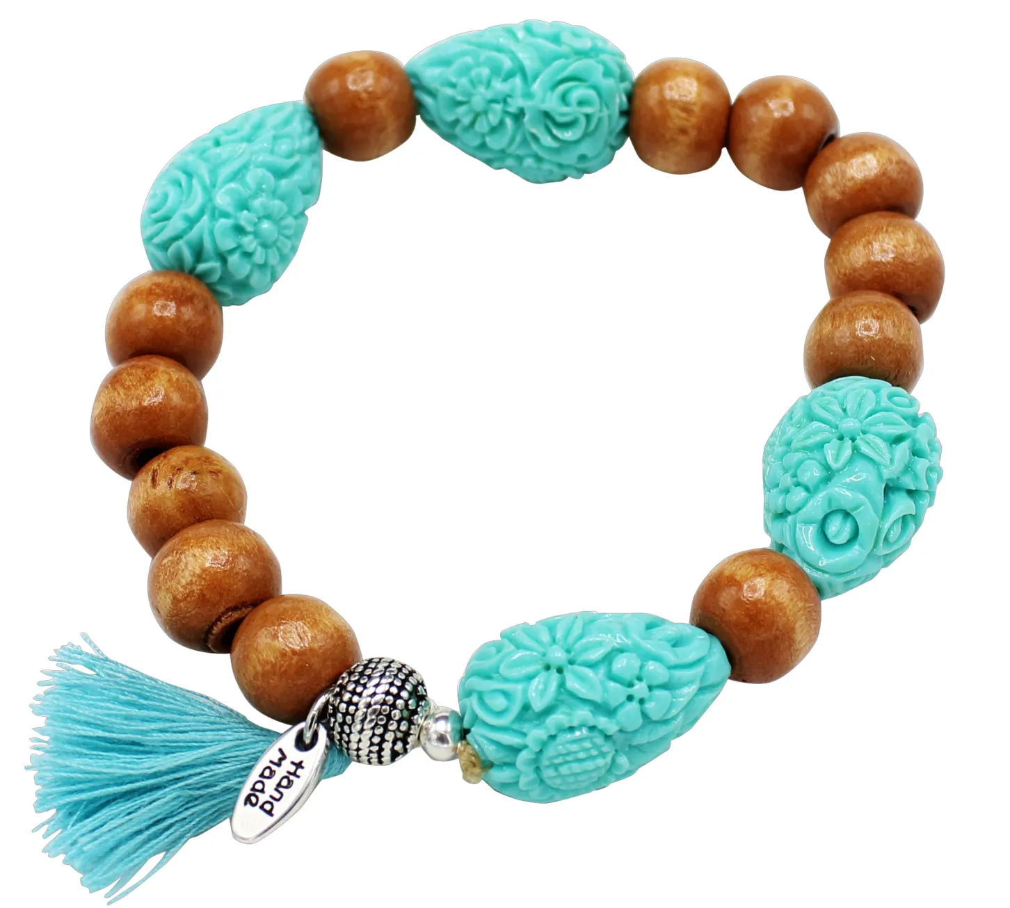 elastisches Armband mit Tropfen Perlen, Retro-Look, Holzperlen, Quaste