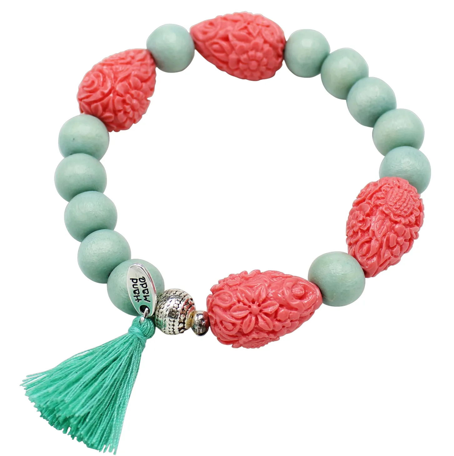 elastisches Armband mit Tropfen Perlen, Retro-Look, Holzperlen, Quaste
