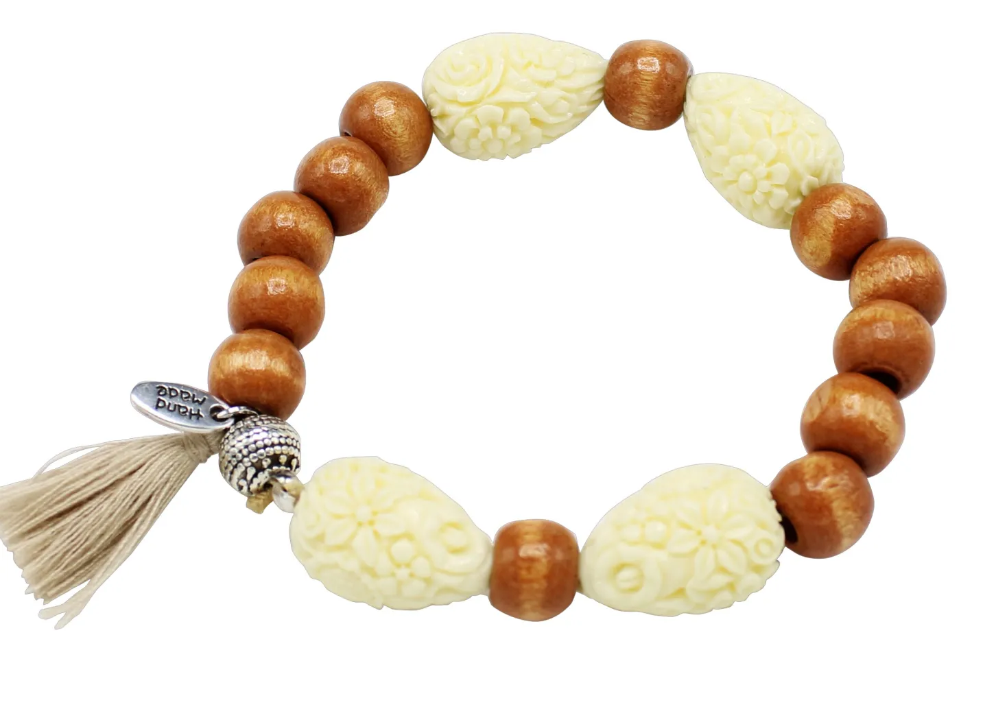 elastisches Armband mit Tropfen Perlen, Retro-Look, Holzperlen, Quaste