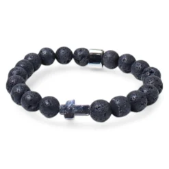 elastisches Herren Armband mit Lavasteinperlen, Metallteil, Kreuz