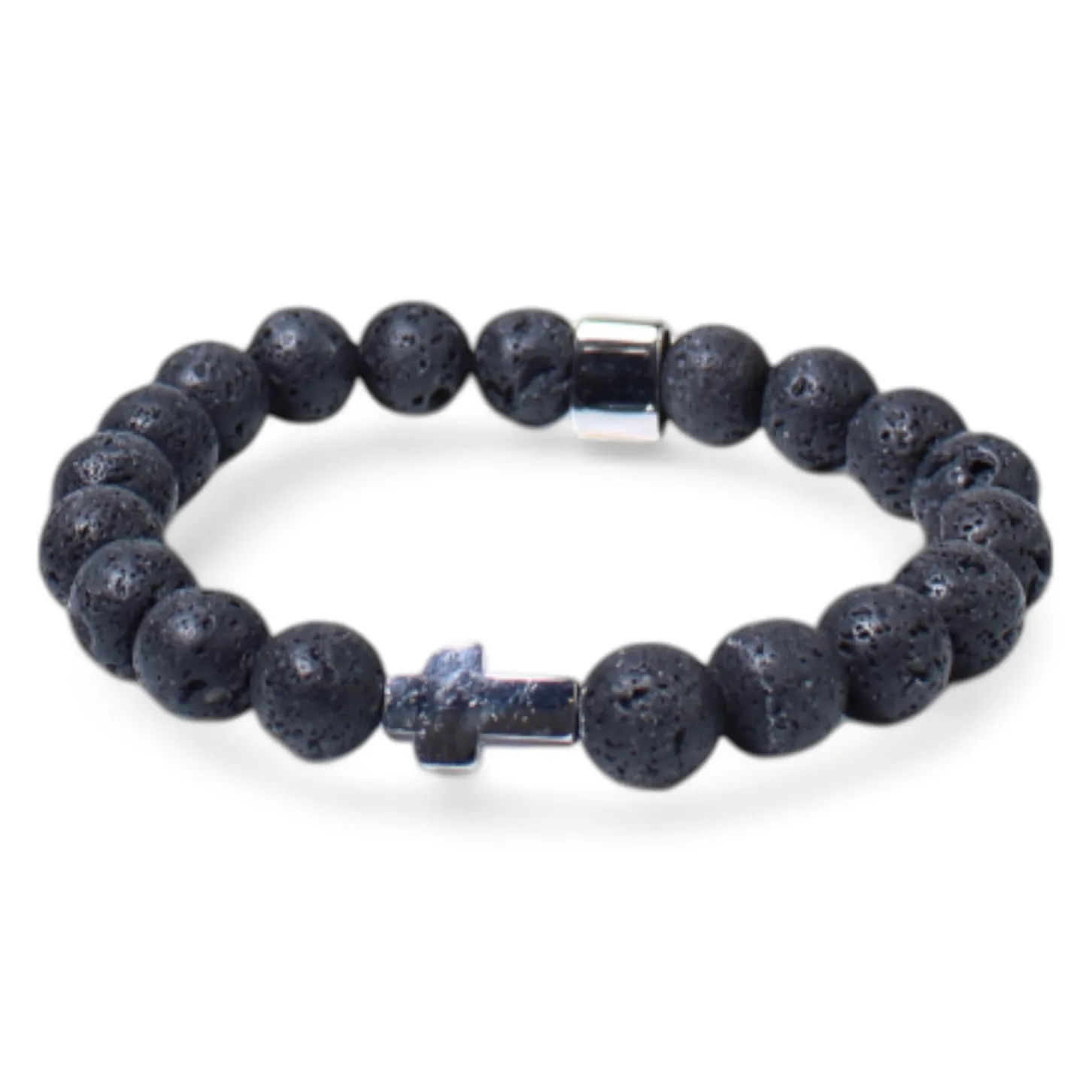 elastisches Herren Armband mit Lavasteinperlen, Metallteil, Kreuz