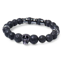 elastisches Herren Armband mit Lavasteinperlen, Metallteile, Totenköpfe