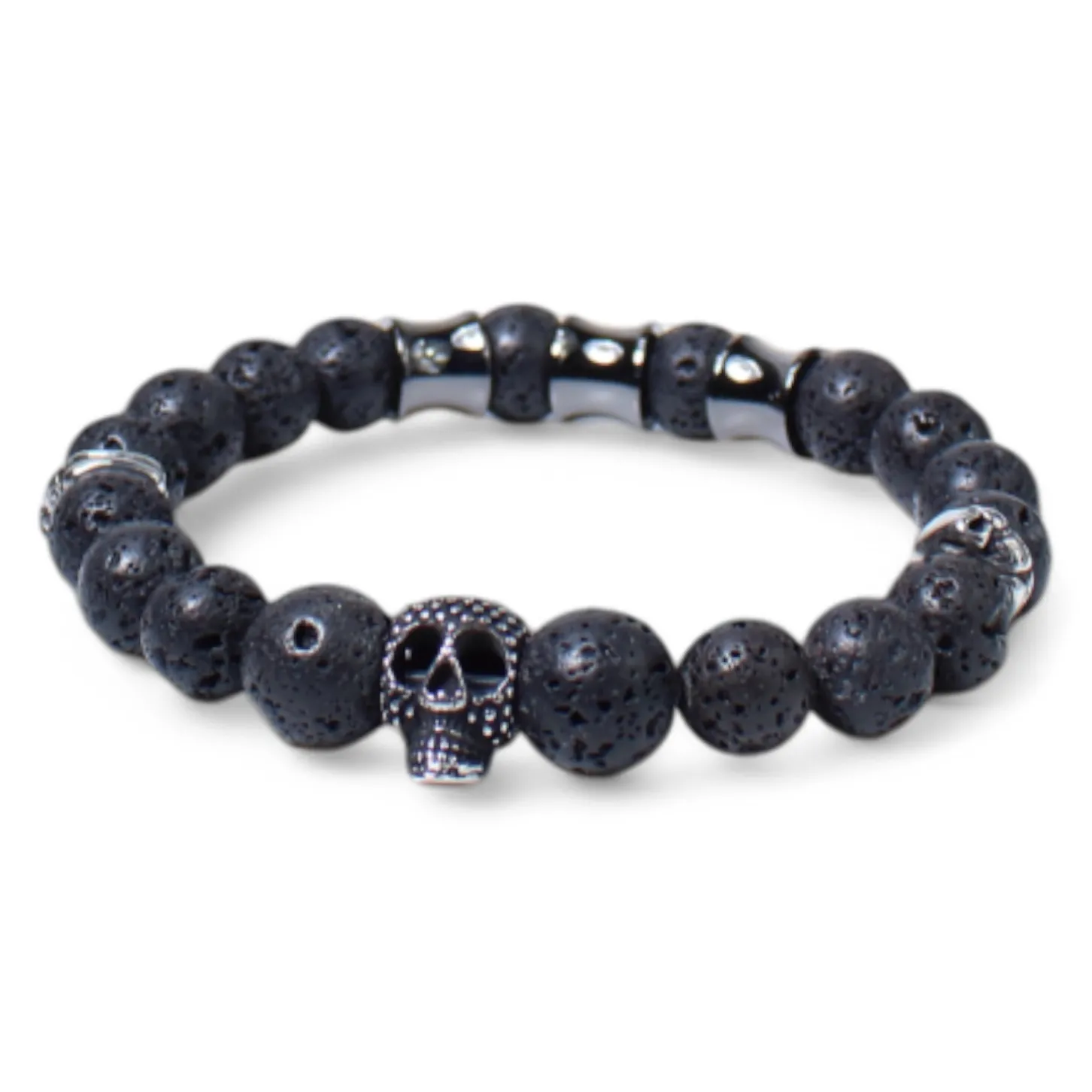 elastisches Herren Armband mit Lavasteinperlen, Metallteile, Totenköpfe