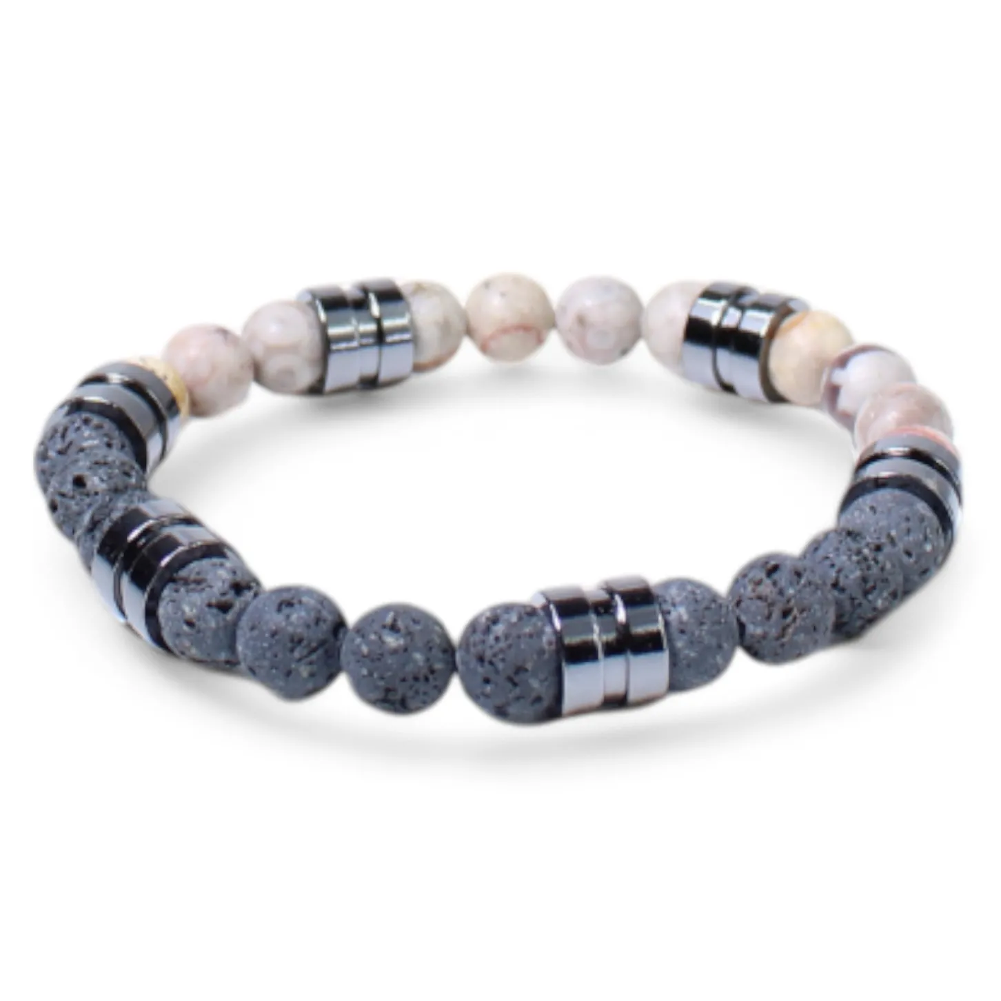elastisches Herren Armband mit Naturstein- und Lavasteinperlen, Metallteile