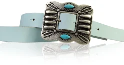 ETHNO-Damen Ledergürtel 2 cm, große Ethno Gürtelschnalle mit türkisen Steinen