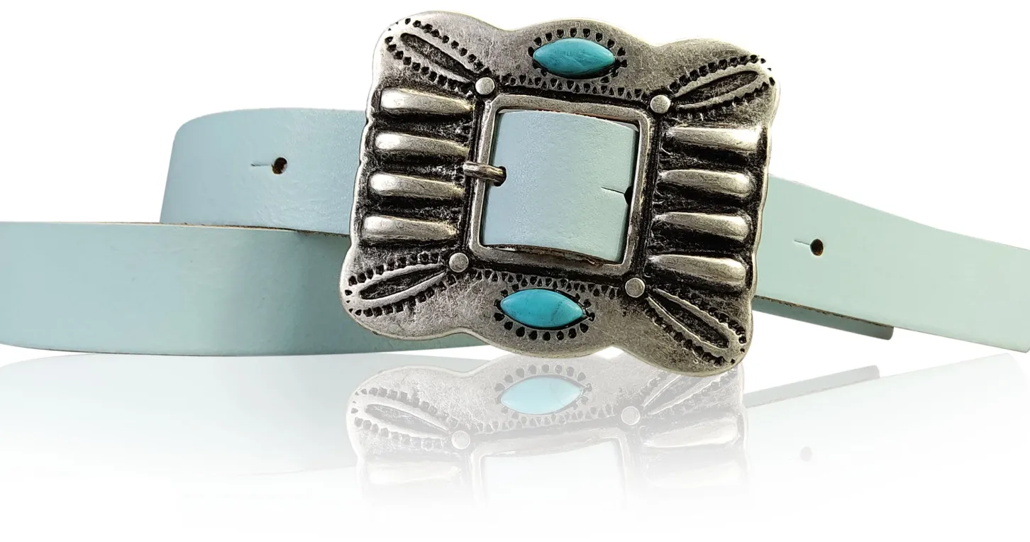 ETHNO-Damen Ledergürtel 2 cm, große Ethno Gürtelschnalle mit türkisen Steinen