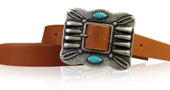 ETHNO-Damen Ledergürtel 2 cm, große Ethno Gürtelschnalle mit türkisen Steinen