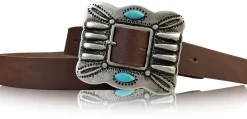 ETHNO-Damen Ledergürtel 2 cm, große Ethno Gürtelschnalle mit türkisen Steinen