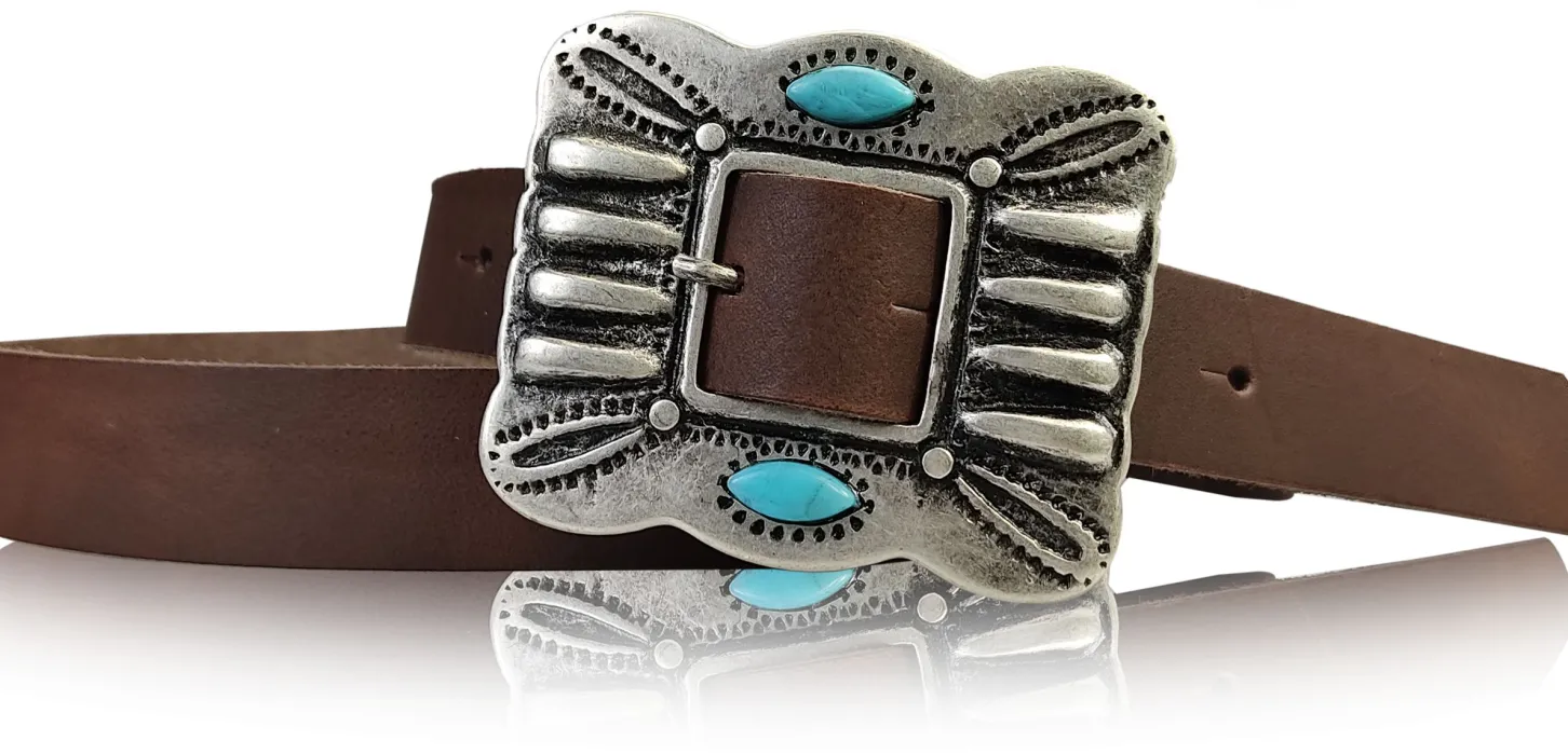 ETHNO-Damen Ledergürtel 2 cm, große Ethno Gürtelschnalle mit türkisen Steinen