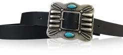 ETHNO-Damen Ledergürtel 2 cm, große Ethno Gürtelschnalle mit türkisen Steinen