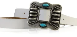 ETHNO-Damen Ledergürtel 2 cm, große Ethno Gürtelschnalle mit türkisen Steinen