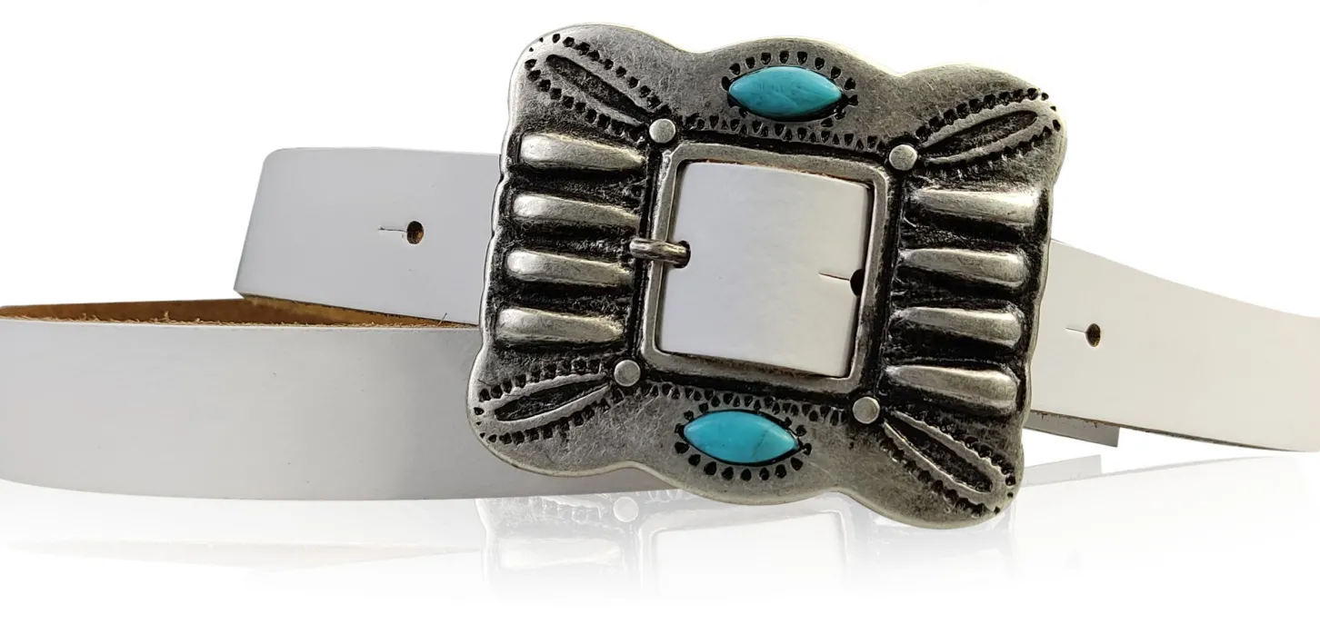 ETHNO-Damen Ledergürtel 2 cm, große Ethno Gürtelschnalle mit türkisen Steinen
