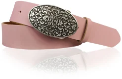 FLORENTINE: Damen Ledergürtel 4 cm mit großer ovaler Blumenschnalle, florales Muster