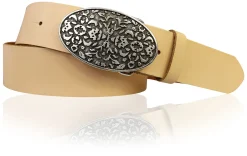 FLORENTINE: Damen Ledergürtel 4 cm mit großer ovaler Blumenschnalle, florales Muster