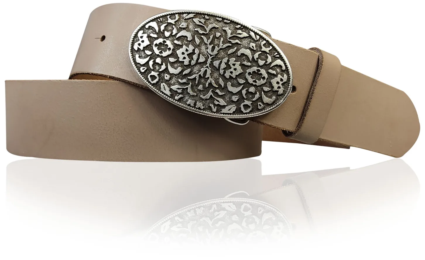FLORENTINE: Damen Ledergürtel 4 cm mit großer ovaler Blumenschnalle, florales Muster