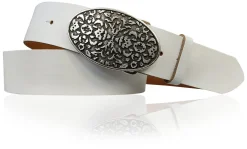 FLORENTINE: Damen Ledergürtel 4 cm mit großer ovaler Blumenschnalle, florales Muster