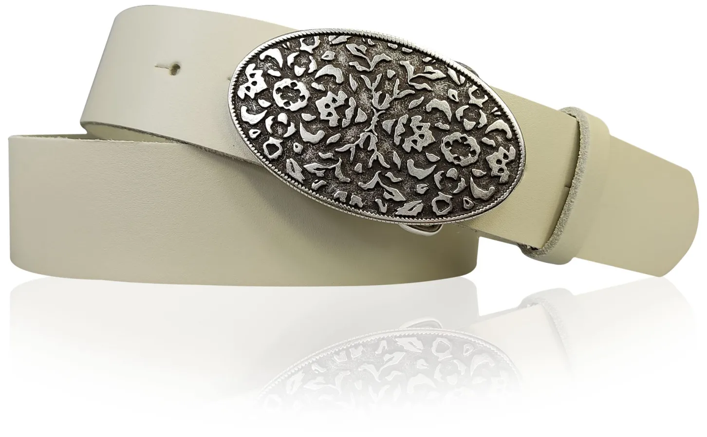 FLORENTINE: Damen Ledergürtel 4 cm mit großer ovaler Blumenschnalle, florales Muster
