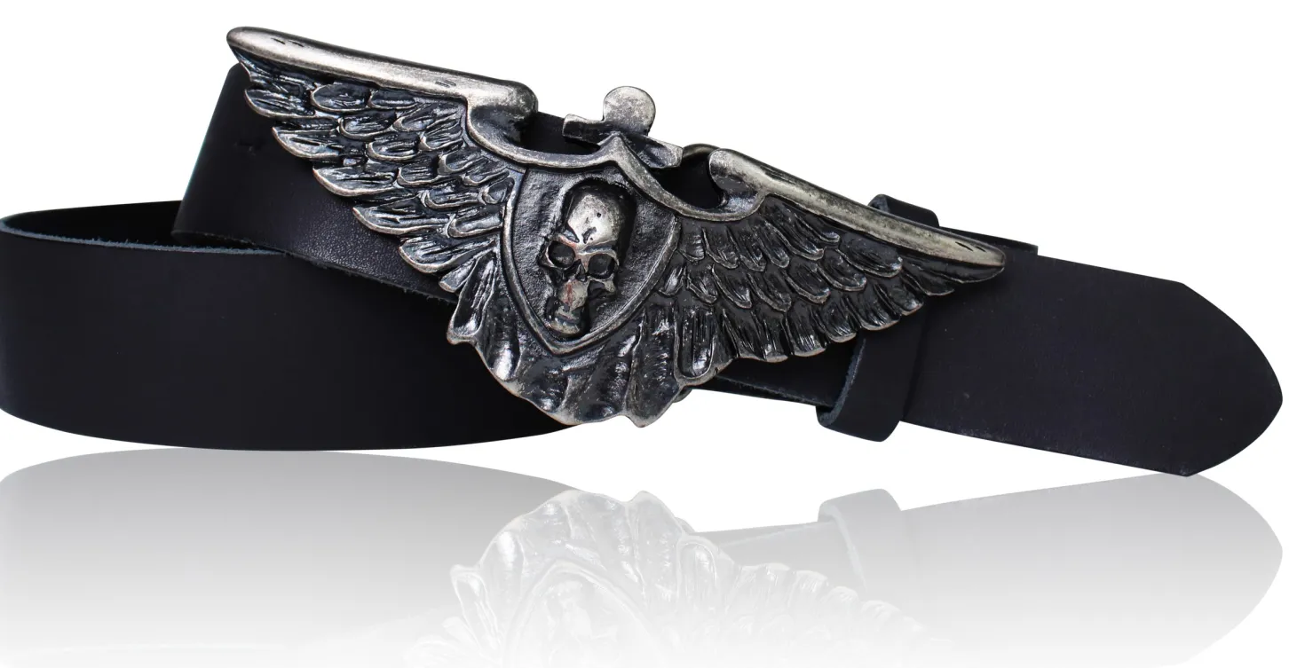 FLYING SKULL Ledergürtel, 3,8 cm, echt Leder, Biker Gürtelschnalle