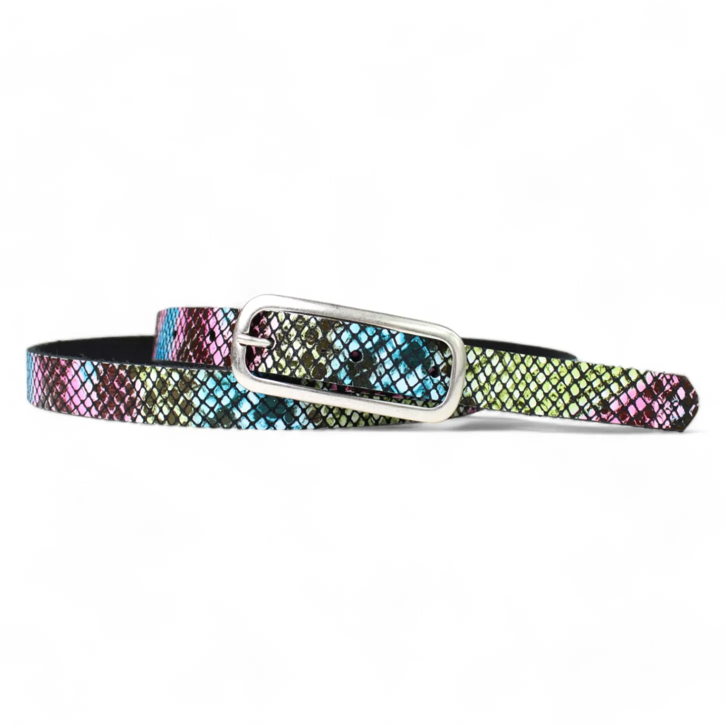 FOXI: schmaler Damen Ledergürtel 2 cm mit schmaler länglicher Gürtelschnalle in Silber
