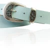 FRESCO schöner Damen Ledergürtel 4 cm mit floraler Gürtelschnalle altsilber, Ledergürtel