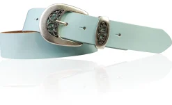 FRESCO schöner Damen Ledergürtel 4 cm mit floraler Gürtelschnalle altsilber, Ledergürtel
