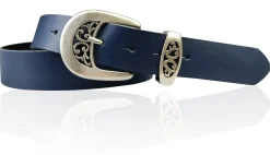 FRESCO schöner Damen Ledergürtel 4 cm mit floraler Gürtelschnalle altsilber, Ledergürtel