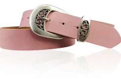 FRESCO schöner Damen Ledergürtel 4 cm mit floraler Gürtelschnalle altsilber, Ledergürtel