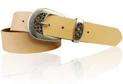 FRESCO schöner Damen Ledergürtel 4 cm mit floraler Gürtelschnalle altsilber, Ledergürtel