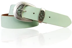 FRESCO schöner Damen Ledergürtel 4 cm mit floraler Gürtelschnalle altsilber, Ledergürtel
