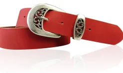 FRESCO schöner Damen Ledergürtel 4 cm mit floraler Gürtelschnalle altsilber, Ledergürtel