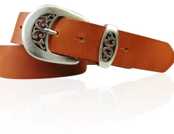 FRESCO schöner Damen Ledergürtel 4 cm mit floraler Gürtelschnalle altsilber, Ledergürtel