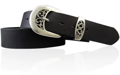 FRESCO schöner Damen Ledergürtel 4 cm mit floraler Gürtelschnalle altsilber, Ledergürtel