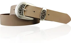 FRESCO schöner Damen Ledergürtel 4 cm mit floraler Gürtelschnalle altsilber, Ledergürtel