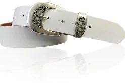 FRESCO schöner Damen Ledergürtel 4 cm mit floraler Gürtelschnalle altsilber, Ledergürtel